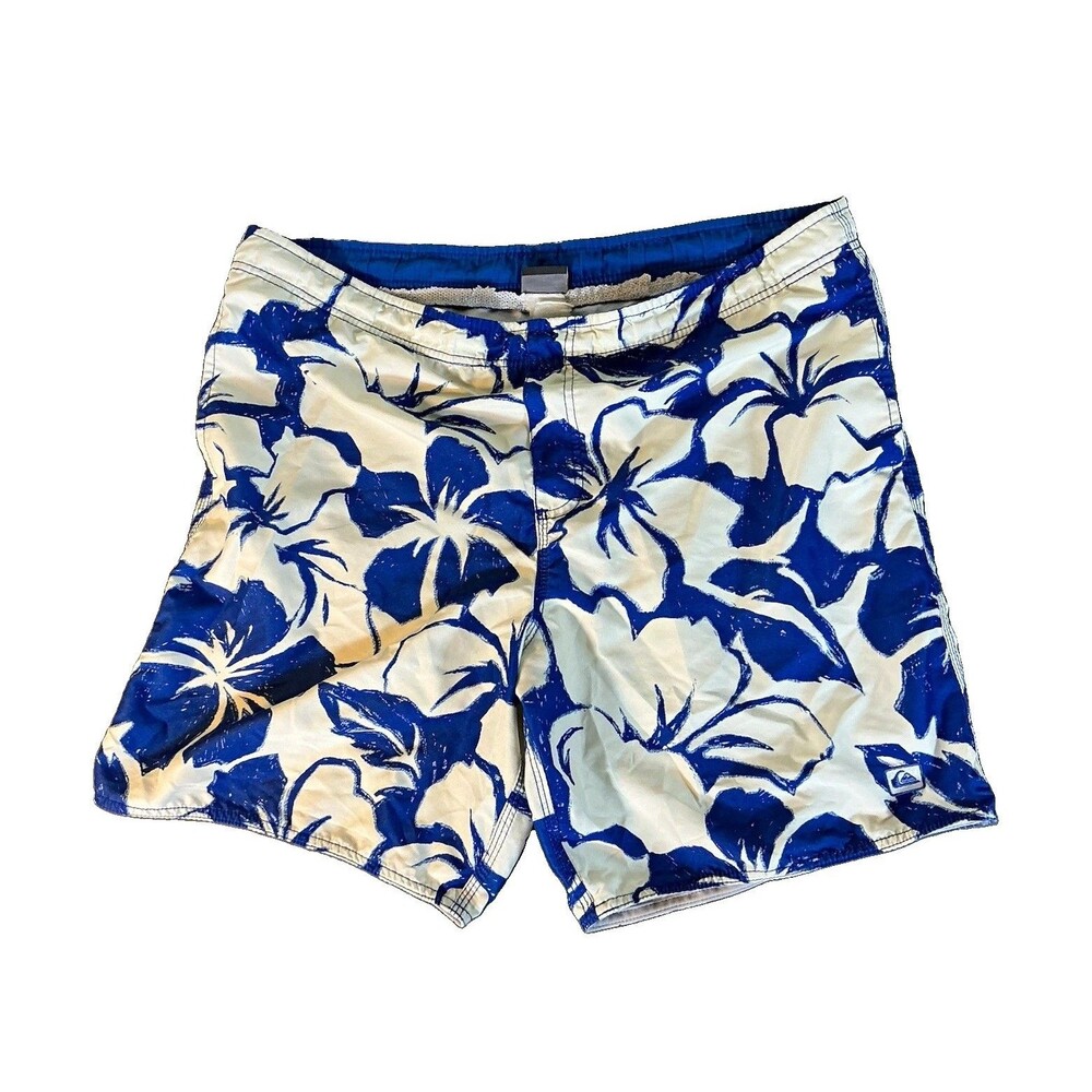 Quiksilver Men’s Board Shorts Y2K VTG Swim Trunks Medium White Floral Blue